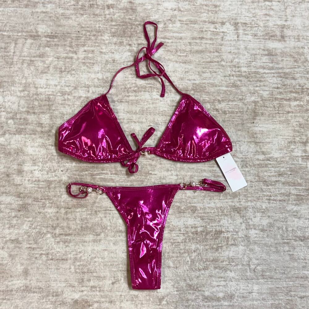 New Fashion Women’s Large Hot Pink Metallic Bikini Swimsuit Thong Rave Festival